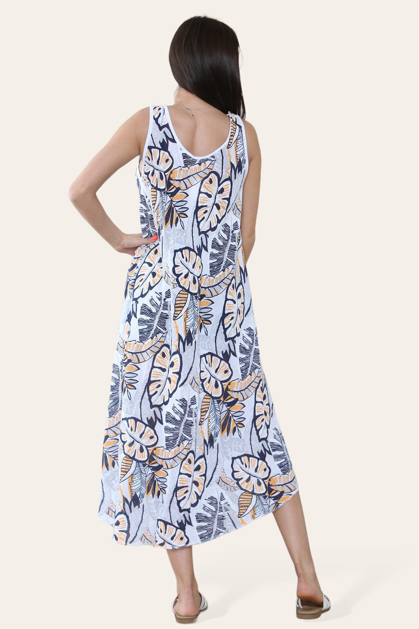 TROPICAL LEAF PRINT SLEEVELESS DRESS WHITE