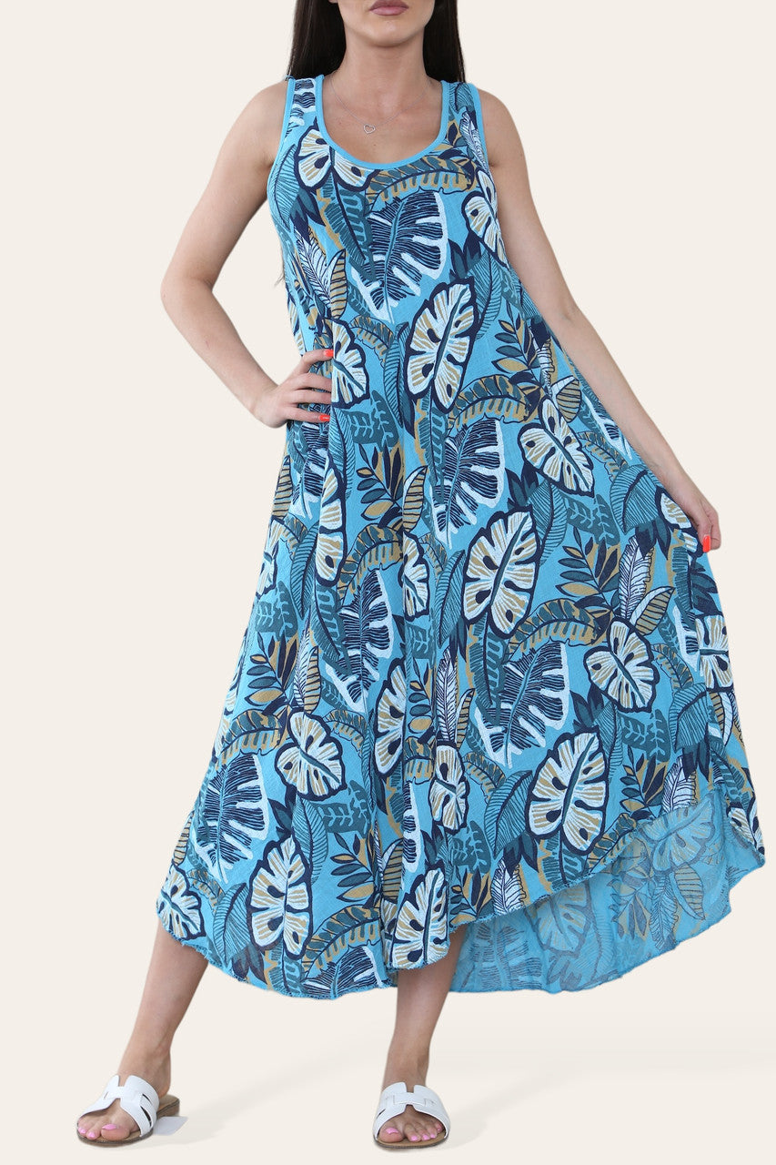 MOUWLOZE JURK MET TROPISCHE BLADPRINT TURKOOIS