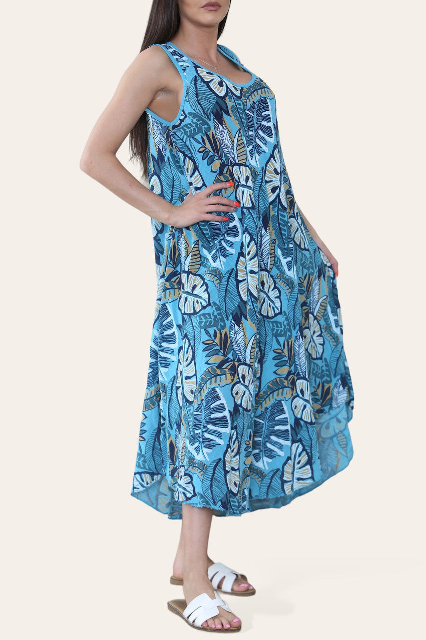 MOUWLOZE JURK MET TROPISCHE BLADPRINT TURKOOIS