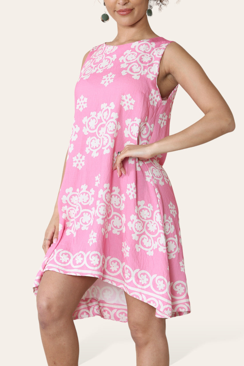 BEDRUKTE MOUWLOZE JURK ROZE
