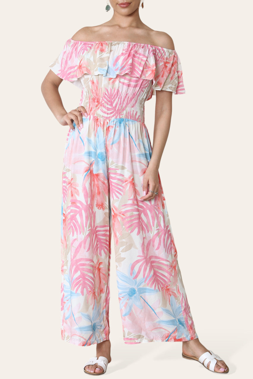 TROPISSE BLADPRACHT UIT DE SCHOUDER JUMPSUIT ROZE