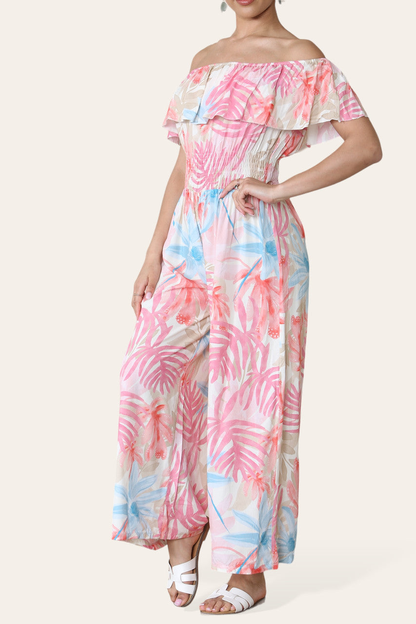 TROPISSE BLADPRACHT UIT DE SCHOUDER JUMPSUIT ROZE