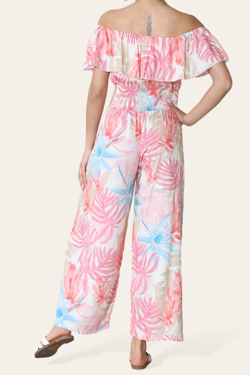 TROPISSE BLADPRACHT UIT DE SCHOUDER JUMPSUIT ROZE