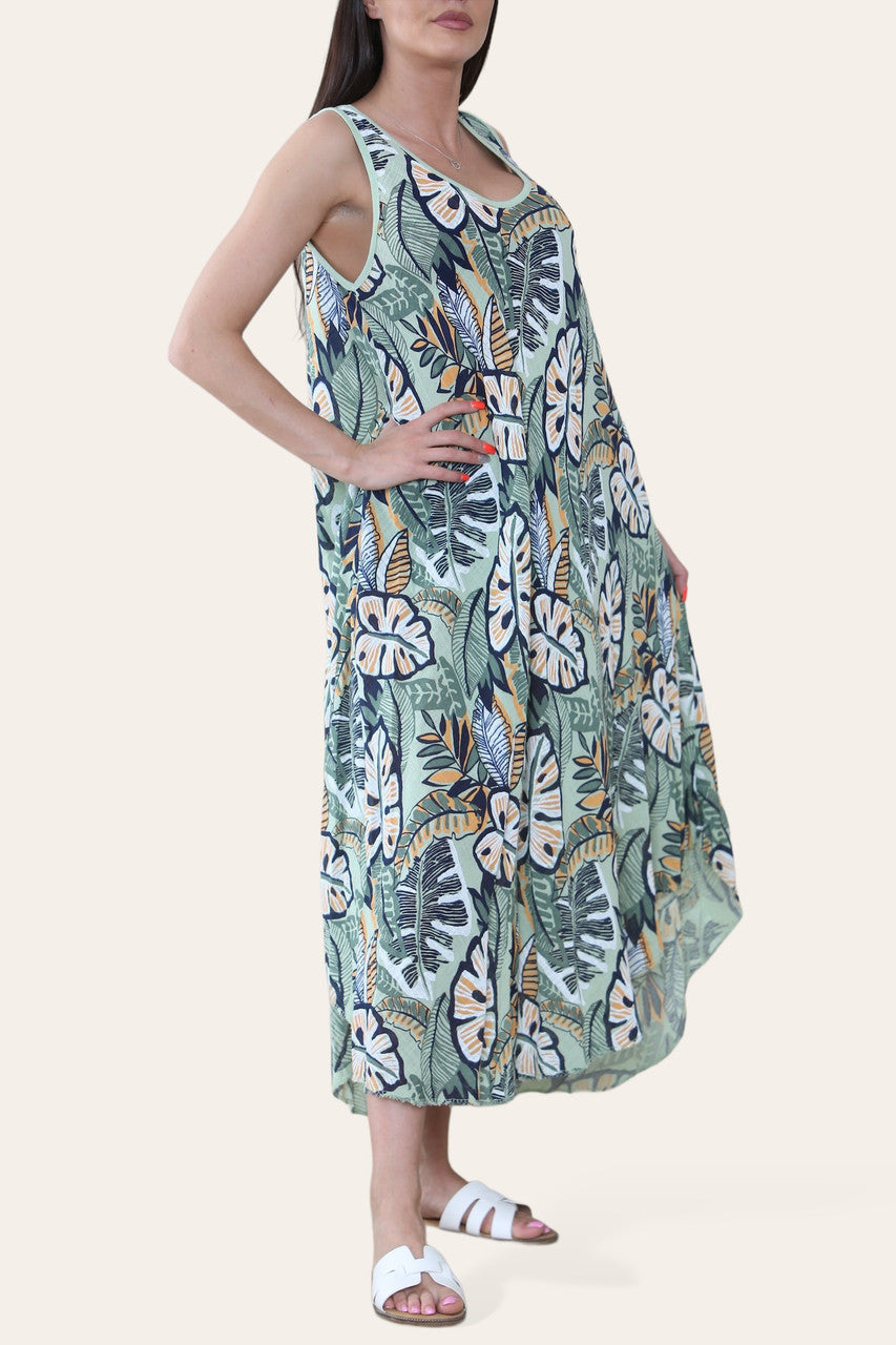 TROPICAL LEAF PRINT SLEEVELESS DRESS PEPPERMINT