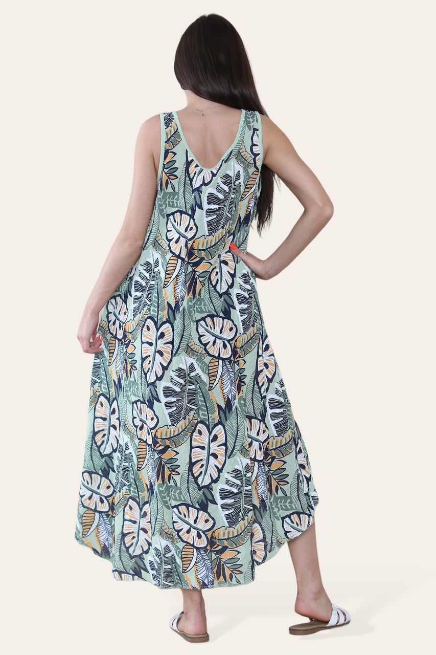 TROPICAL LEAF PRINT SLEEVELESS DRESS PEPPERMINT