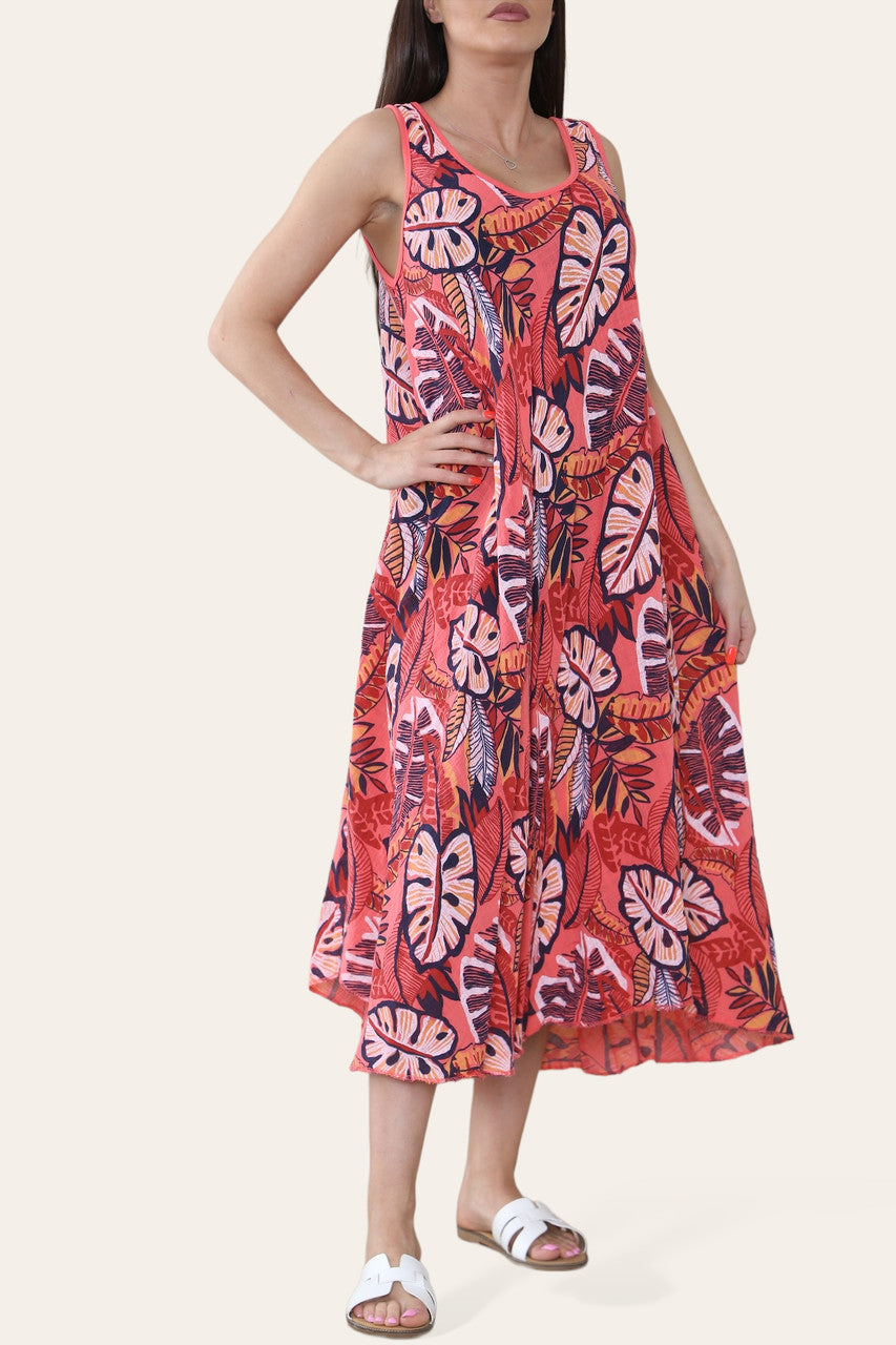 TROPICAL LEAF PRINT SLEEVELESS DRESS RED