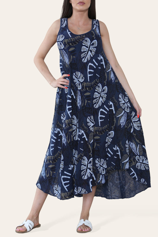 MOUWLOZE JURK MET TROPISCHE BLADERENPRINT MARINEBLAUW