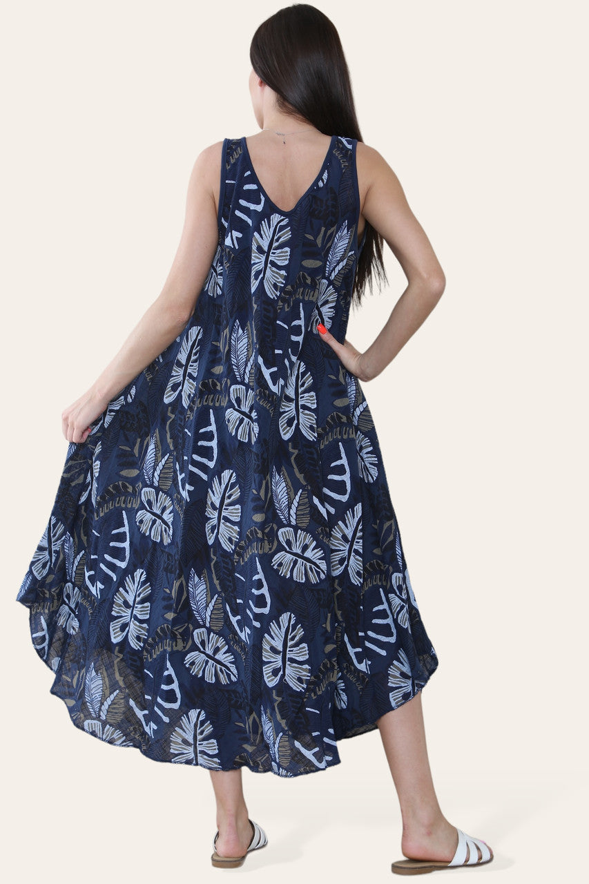 MOUWLOZE JURK MET TROPISCHE BLADERENPRINT MARINEBLAUW