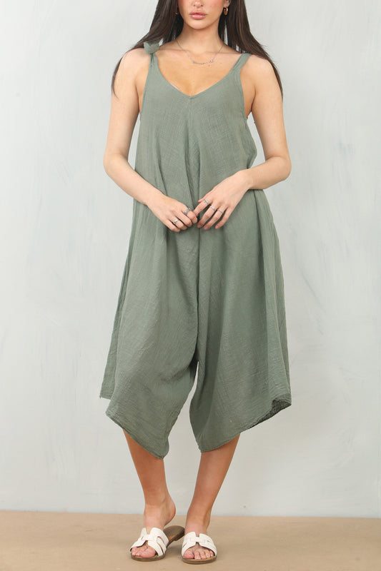 JUMPSUIT MET STRIK SCHOUDERBANDEN KAKI KATOEN