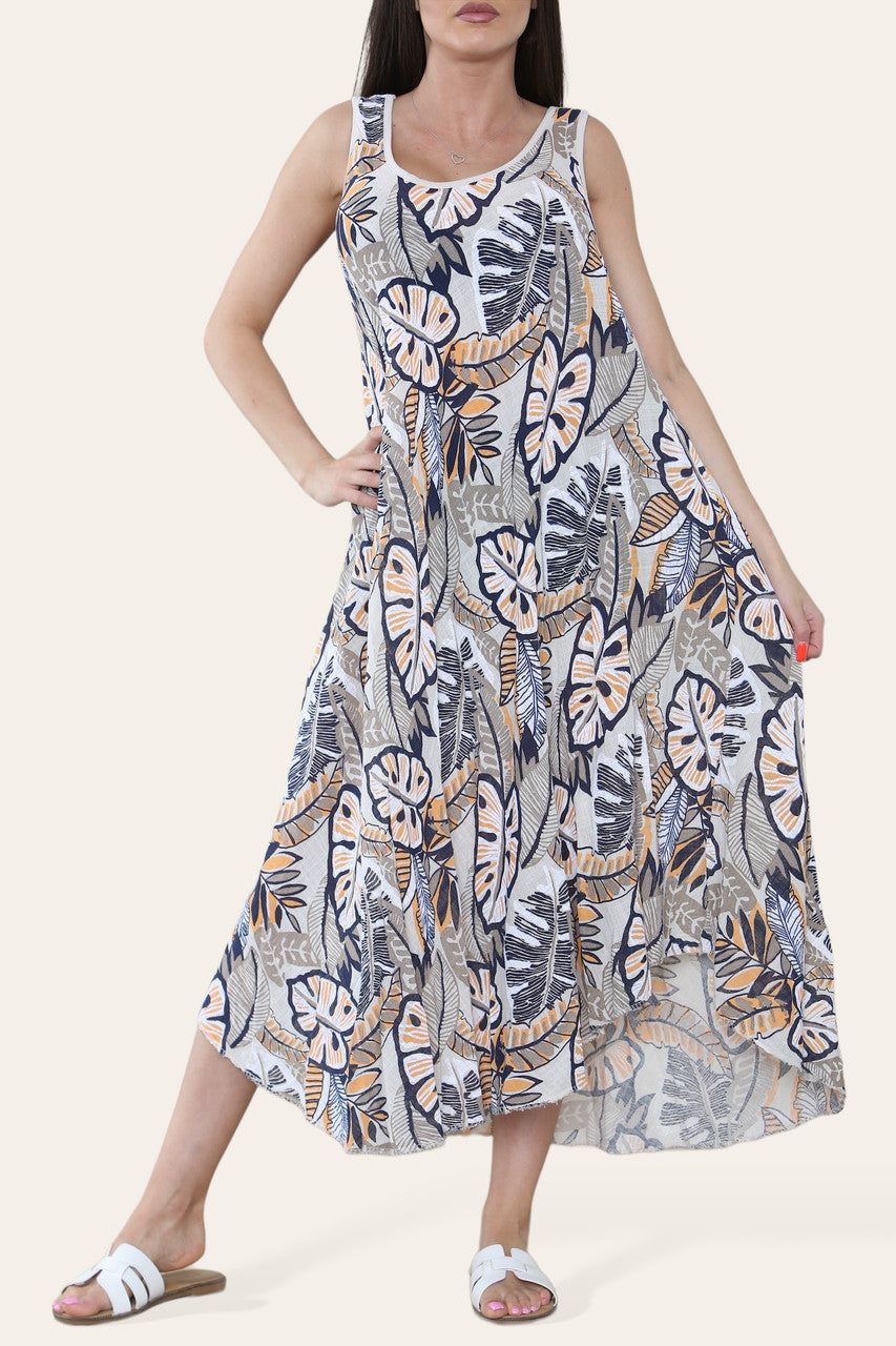 TROPICAL LEAF PRINT SLEEVELESS DRESS STONE