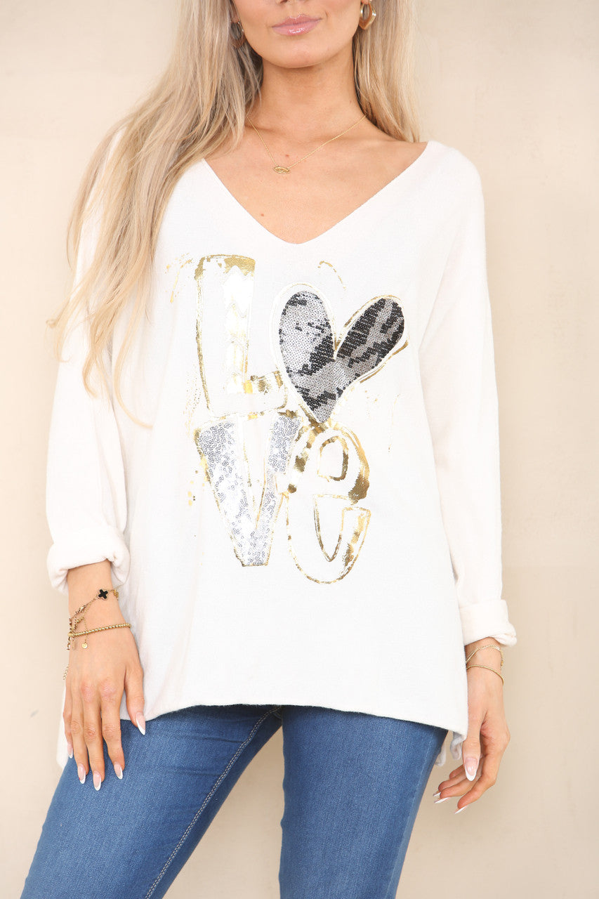 SEQUIN FOIL LOVE KNIT JUMPER CREAM