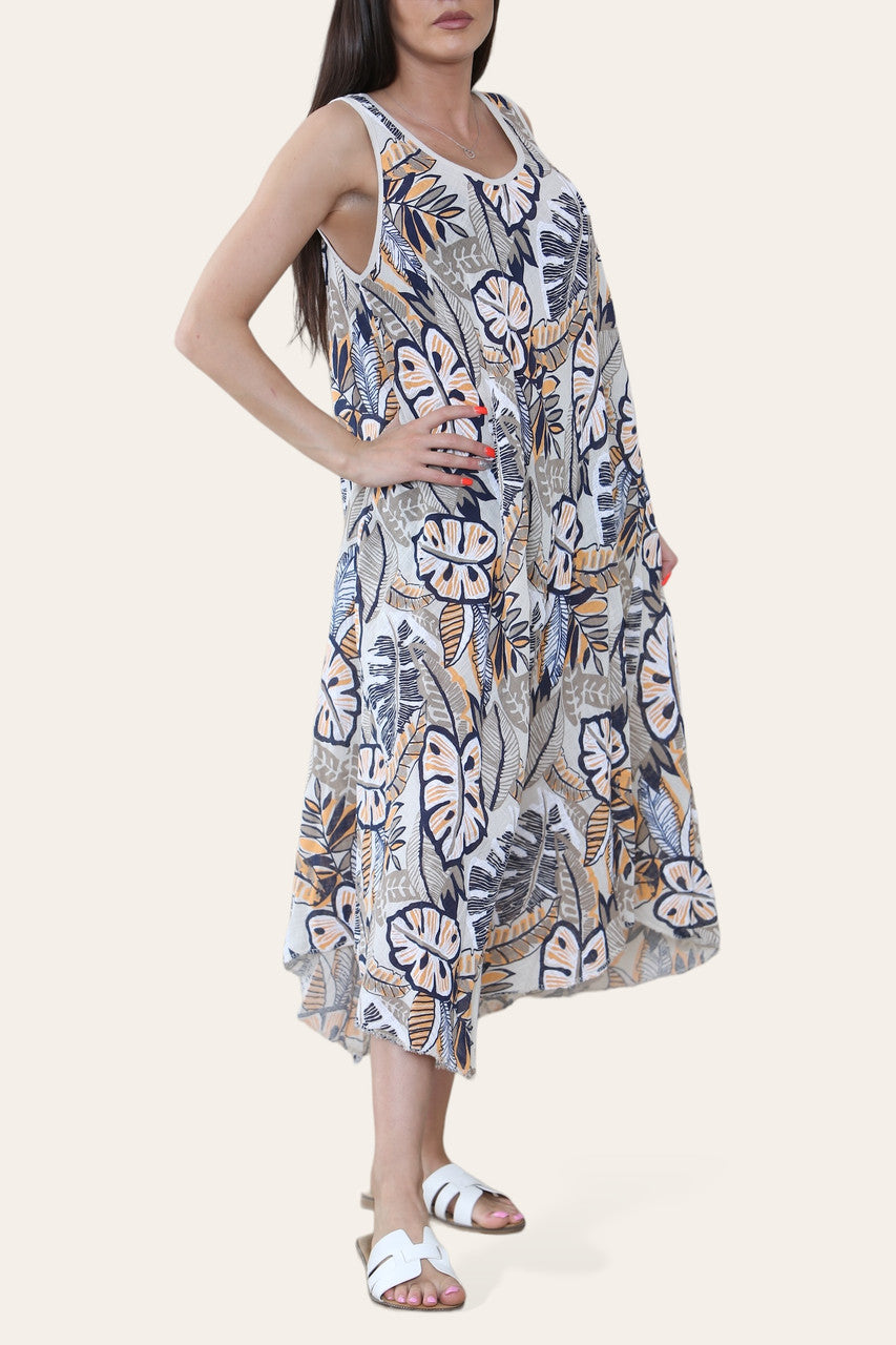 TROPICAL LEAF PRINT SLEEVELESS DRESS STONE