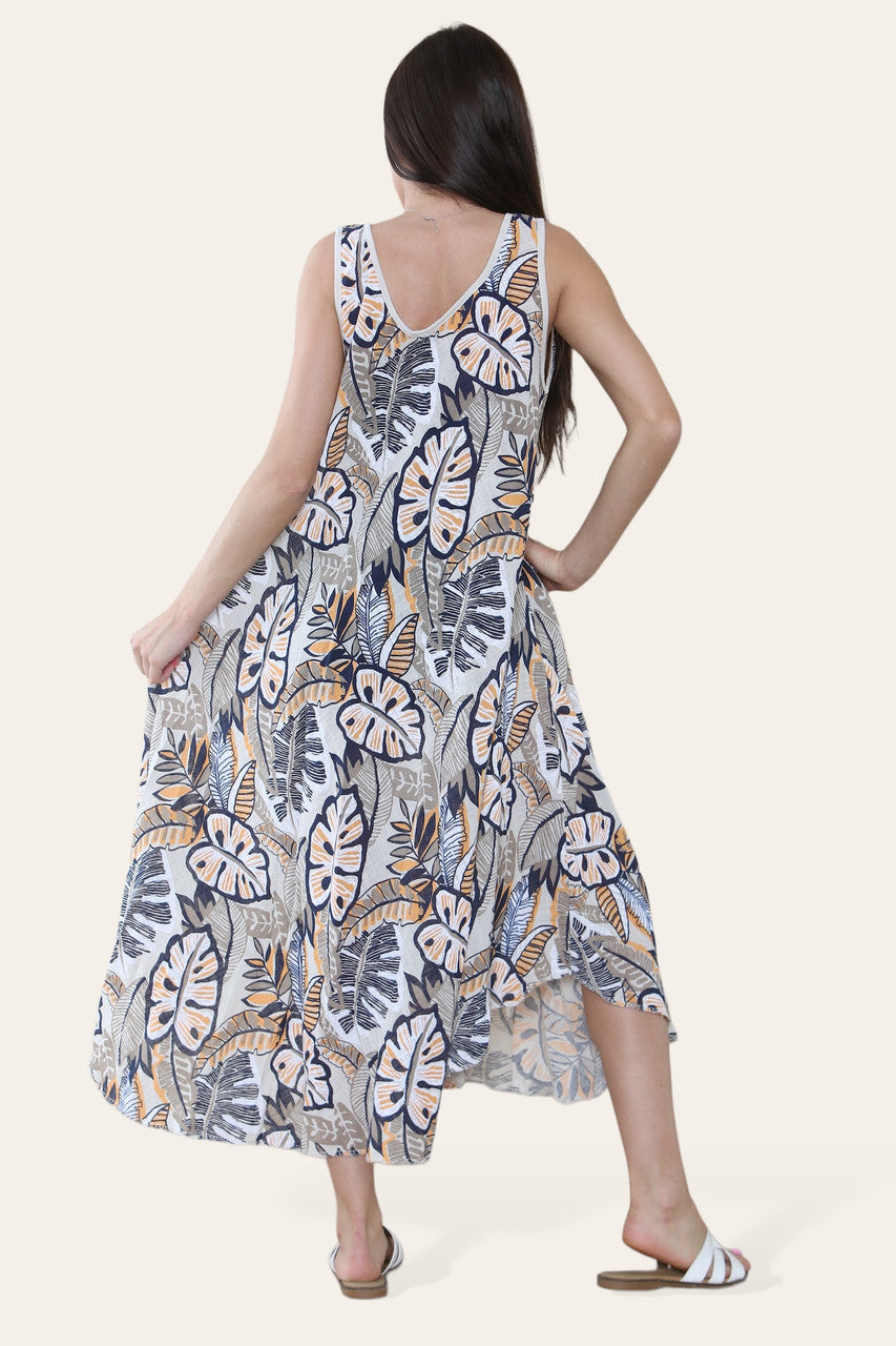 TROPICAL LEAF PRINT SLEEVELESS DRESS STONE