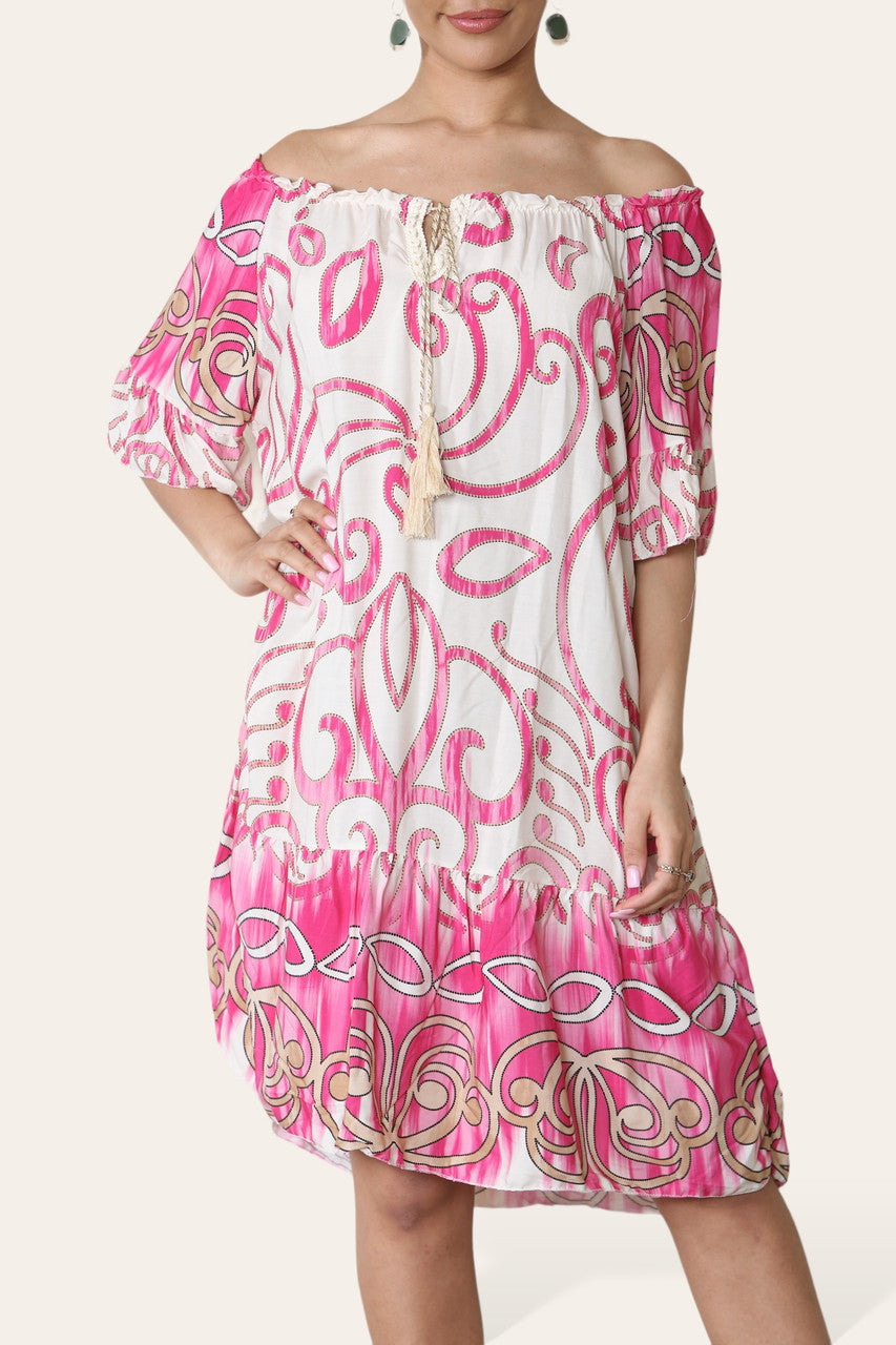 ABSTRACTE KUNSTPRINT BARDOT JURK CERISE