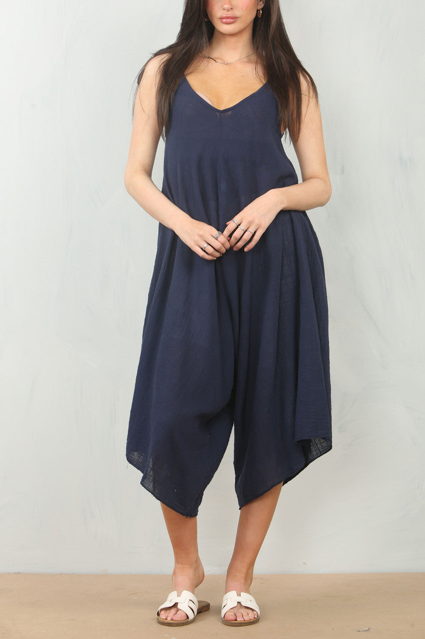 KATOENEN JUMPSUIT MET STRIK DETAILS OP DE SCHOUDERS NAVY