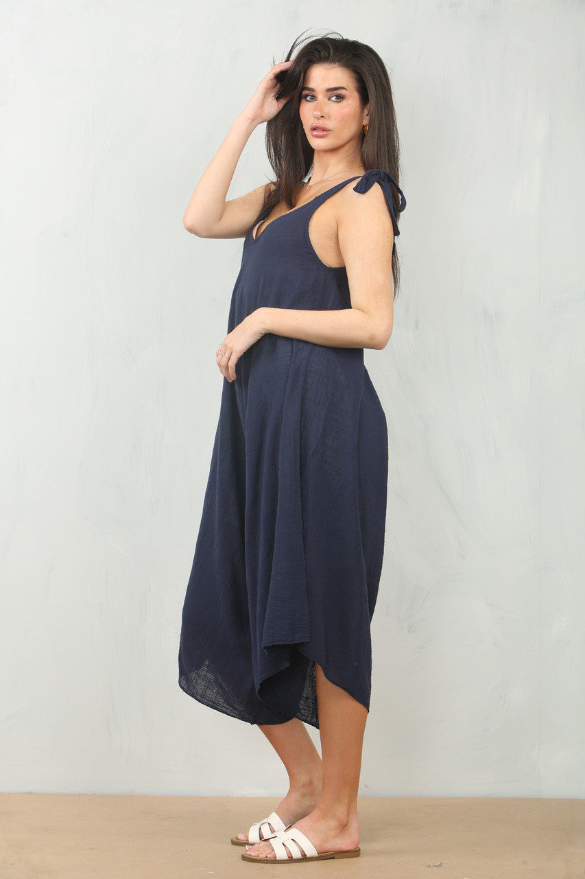 KATOENEN JUMPSUIT MET STRIK DETAILS OP DE SCHOUDERS NAVY