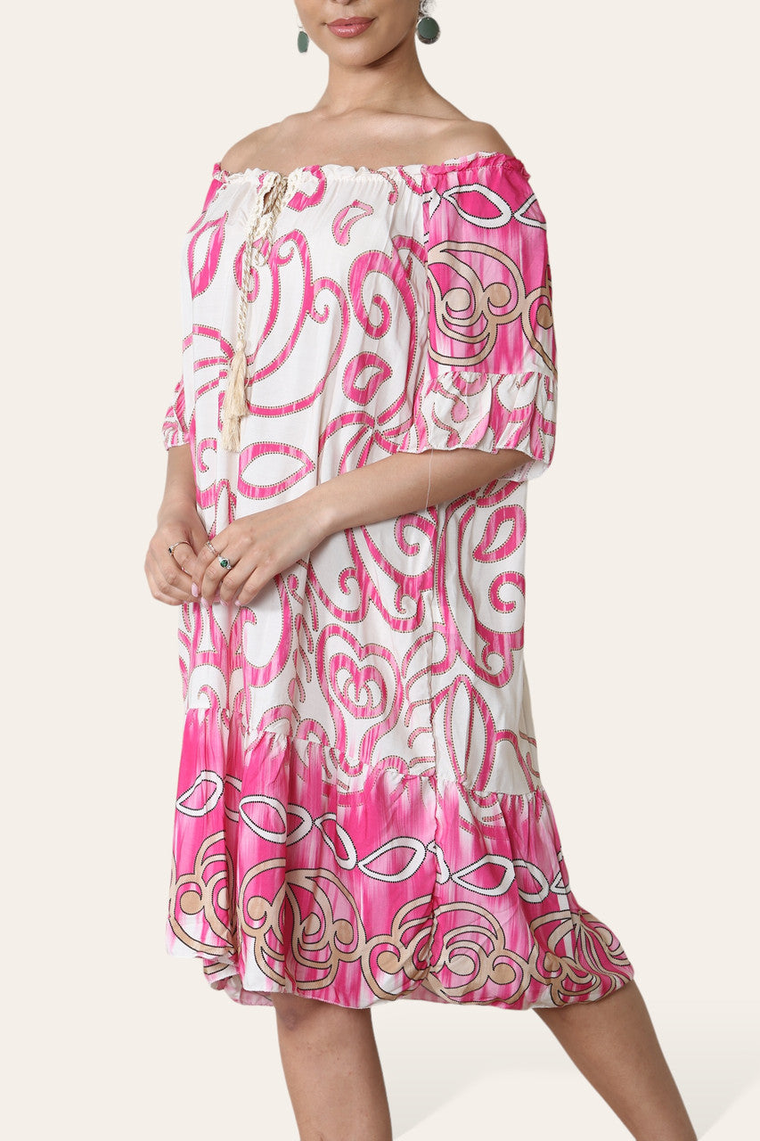 ABSTRACTE KUNSTPRINT BARDOT JURK CERISE