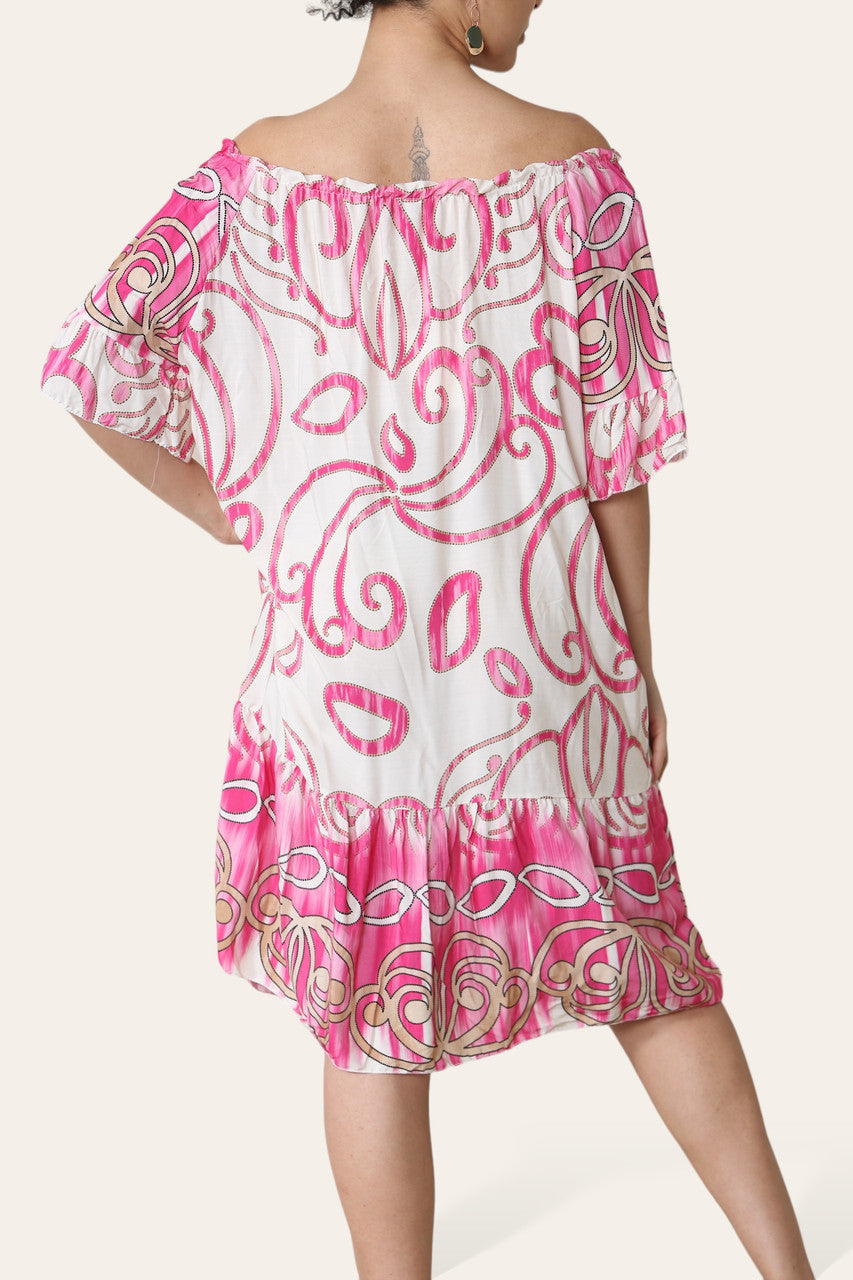 ABSTRACTE KUNSTPRINT BARDOT JURK CERISE