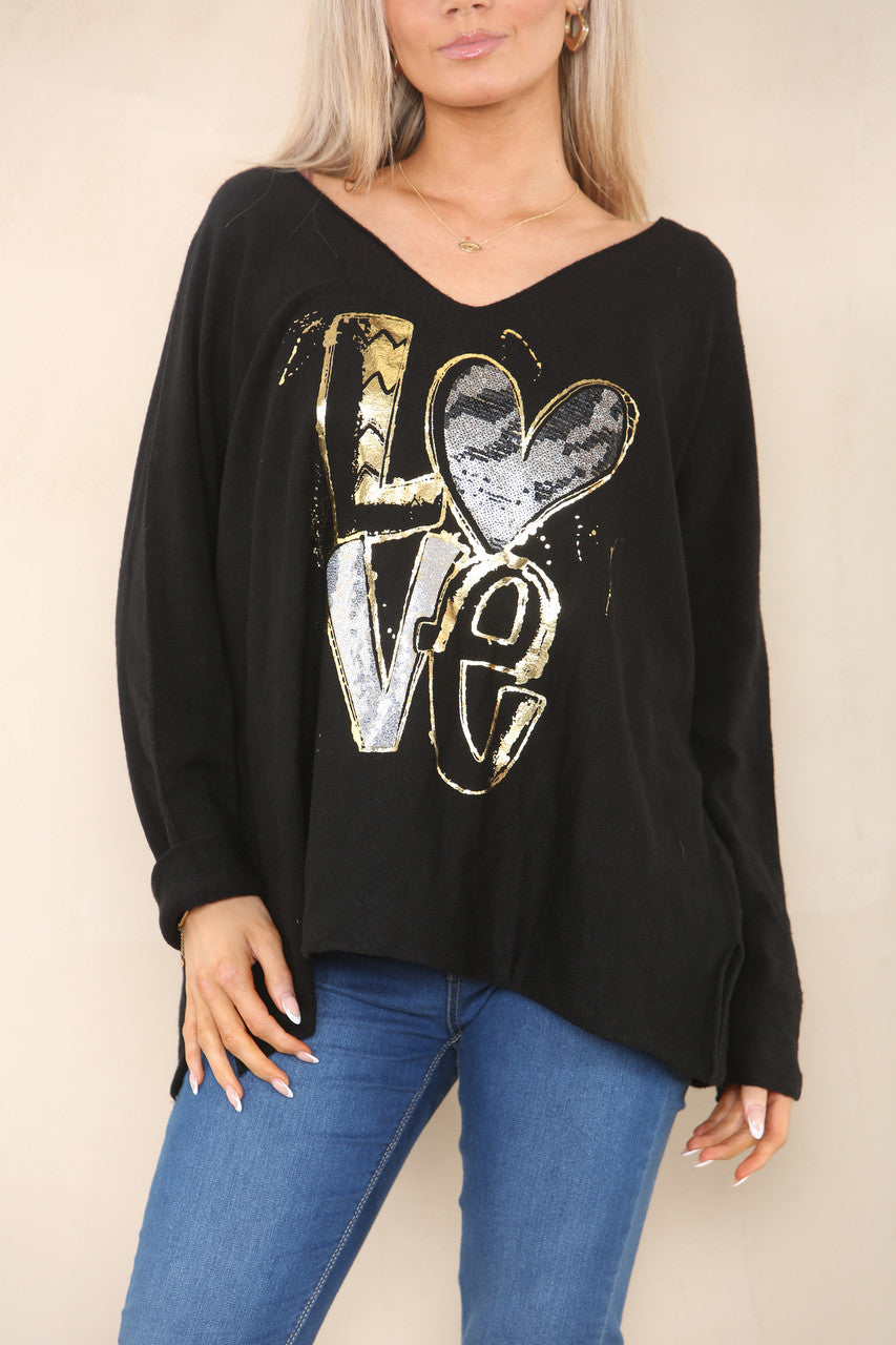 SEQUIN FOIL LOVE KNIT JUMPER BLACK