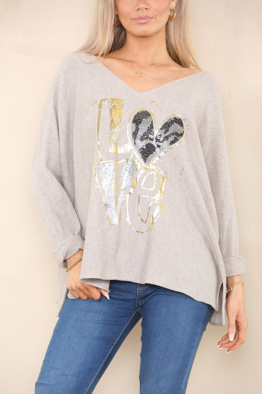 SEQUIN FOIL LOVE KNIT JUMPER TAUPE