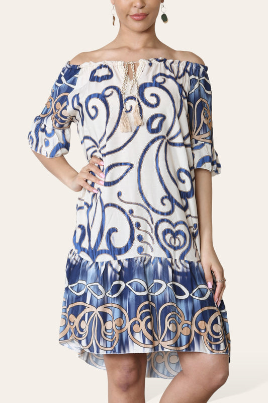 ABSTRACT ART PRINT BARDOT DRESS NAVY