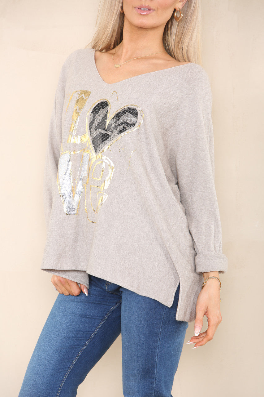 SEQUIN FOIL LOVE KNIT JUMPER TAUPE