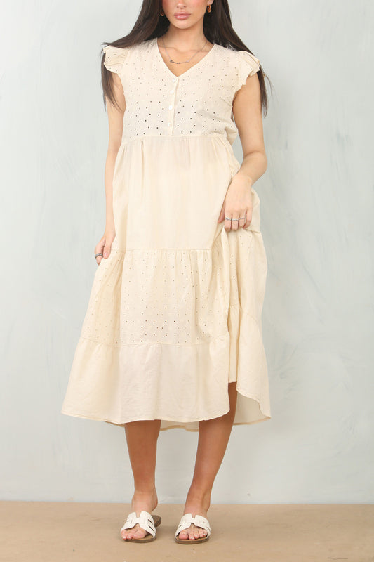 BRODERIE ANGLAISE CAP SLEEVE COTTON DRESS - IVORY
