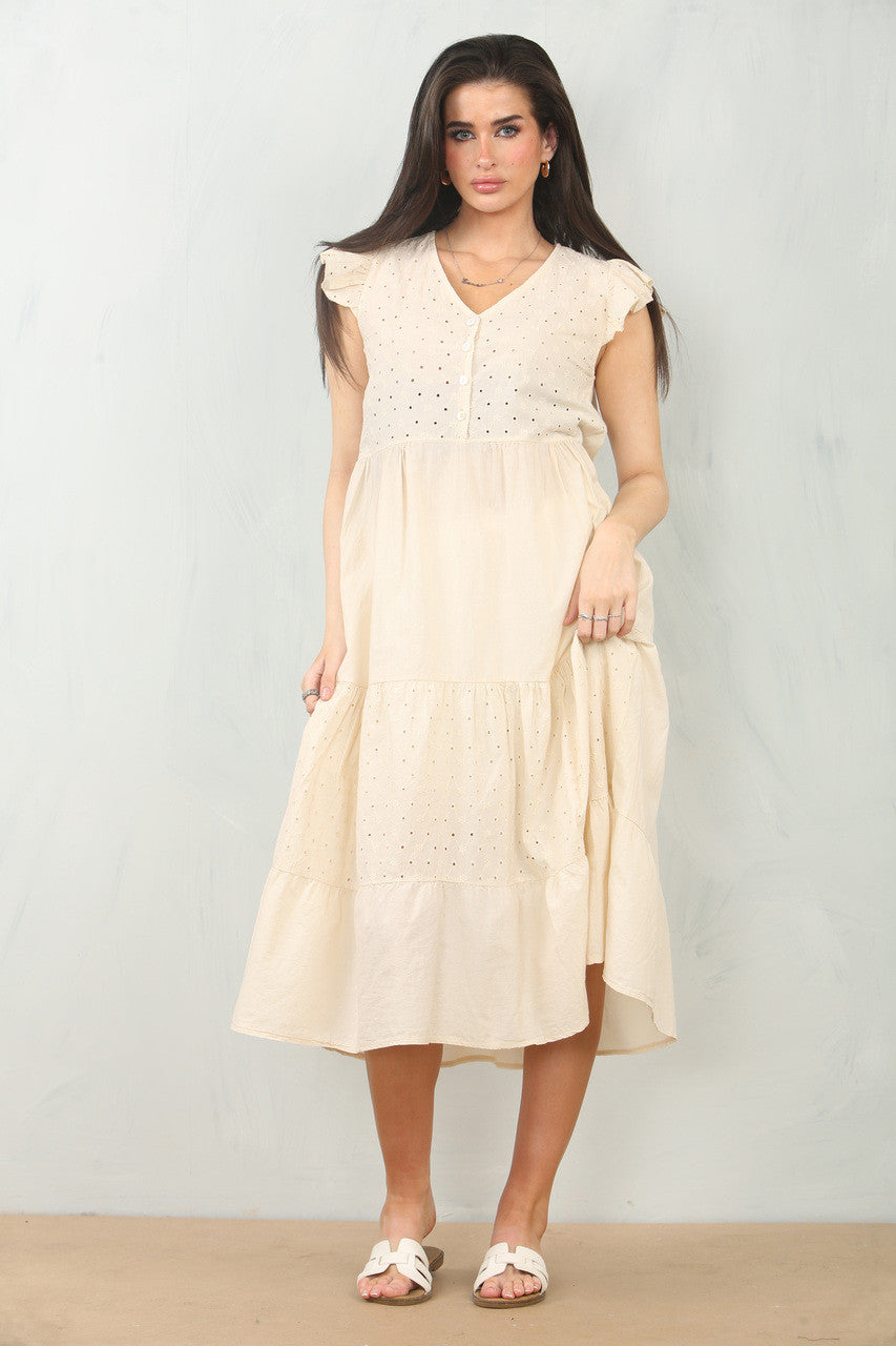 BRODERIE ANGLAISE CAP SLEEVE COTTON DRESS - IVORY