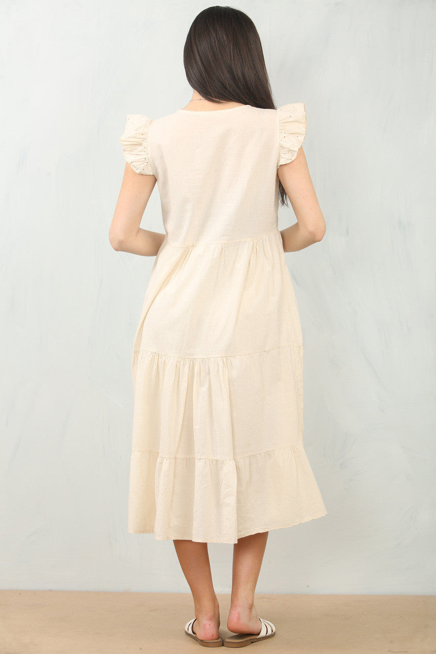 BRODERIE ANGLAISE CAP SLEEVE COTTON DRESS - IVORY