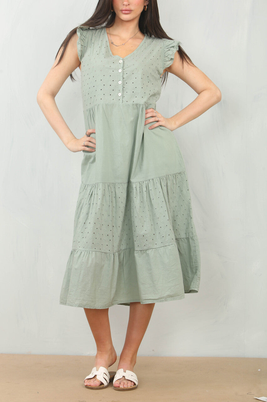 BRODERIE ANGLAISE CAP SLEEVE COTTON DRESS - SAGE GREEN