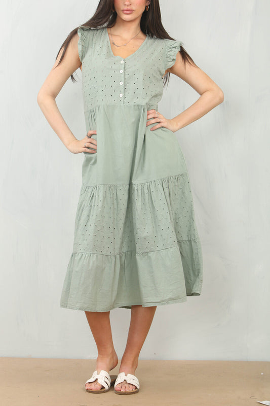 BRODERIE ANGLAISE CAP SLEEVE COTTON DRESS - SAGE GREEN