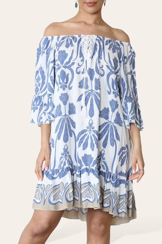 ART MIX PRINTED BARDOT DRESS DENIM