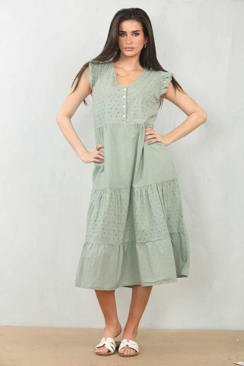 BRODERIE ANGLAISE CAP SLEEVE COTTON DRESS - SAGE GREEN