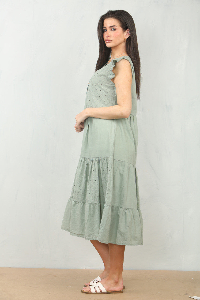 BRODERIE ANGLAISE CAP SLEEVE COTTON DRESS - SAGE GREEN