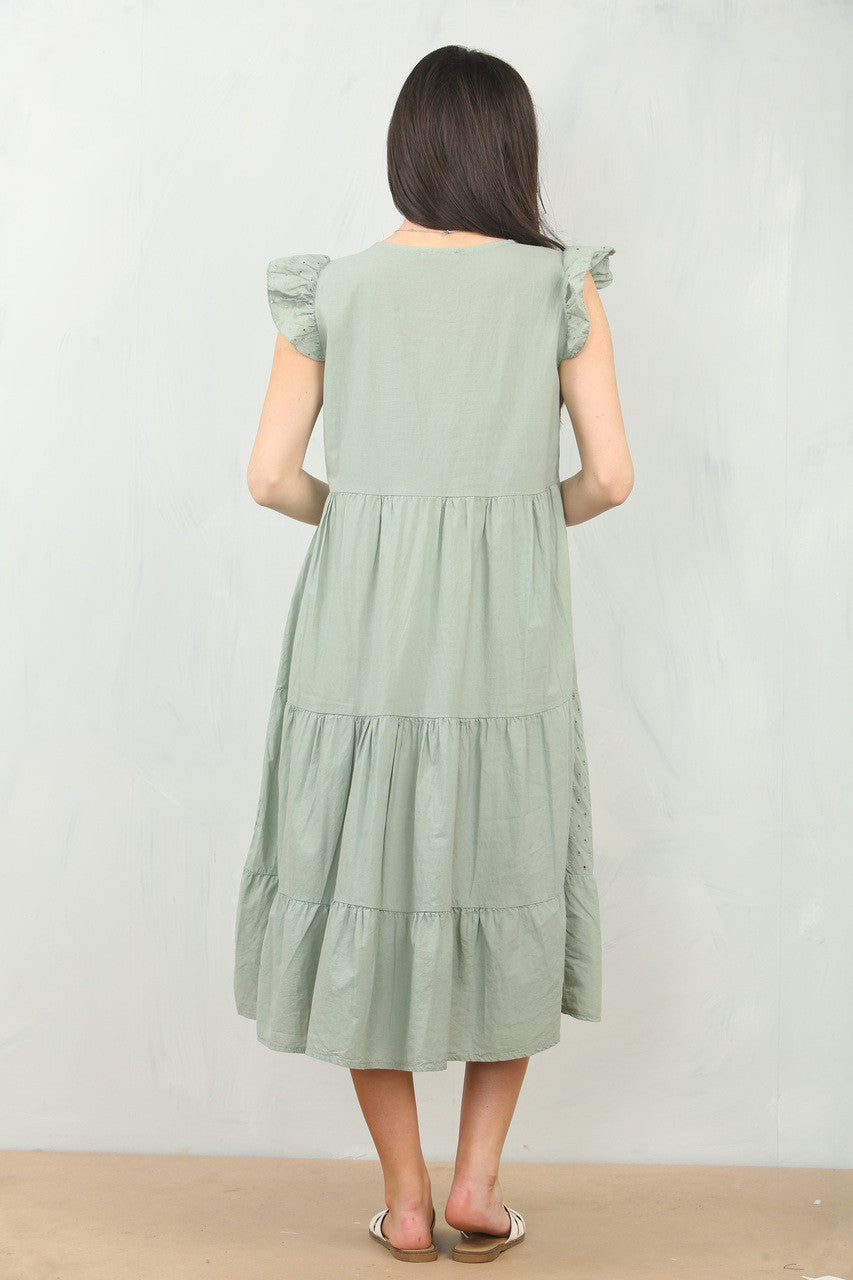 BRODERIE ANGLAISE CAP SLEEVE COTTON DRESS - SAGE GREEN