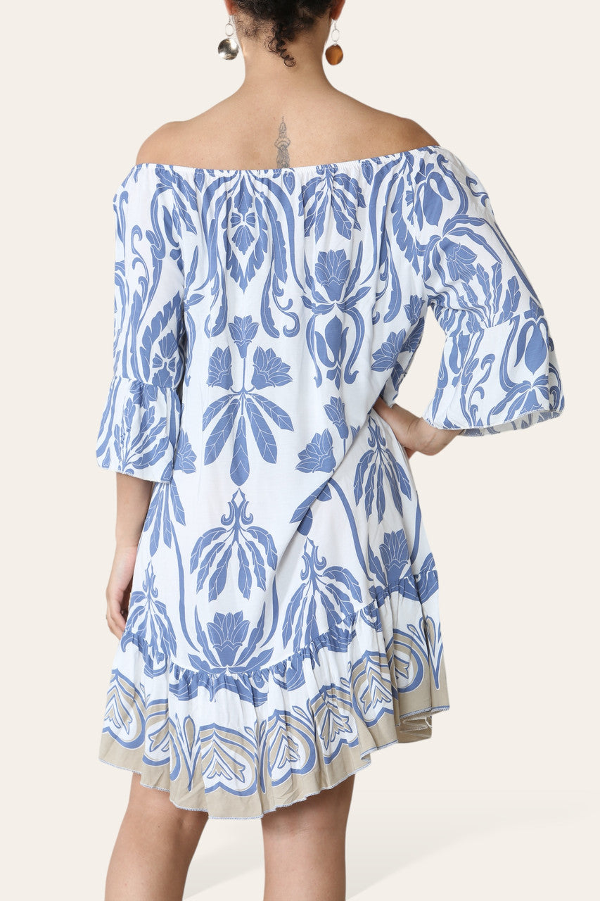 ART MIX PRINTED BARDOT DRESS DENIM
