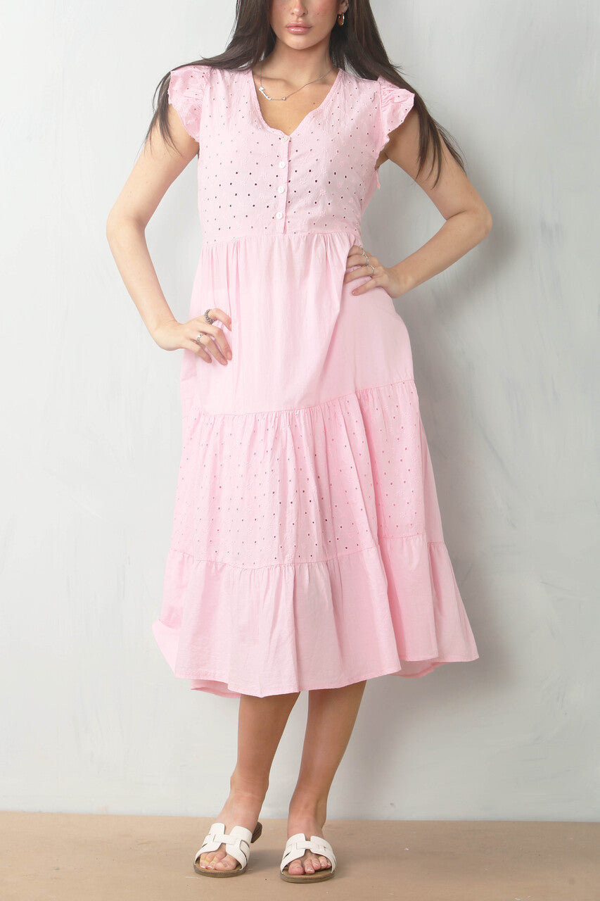 BRODERIE ANGLAISE JURK MET KORTE MOUWEN VAN KATOEN - ROZE