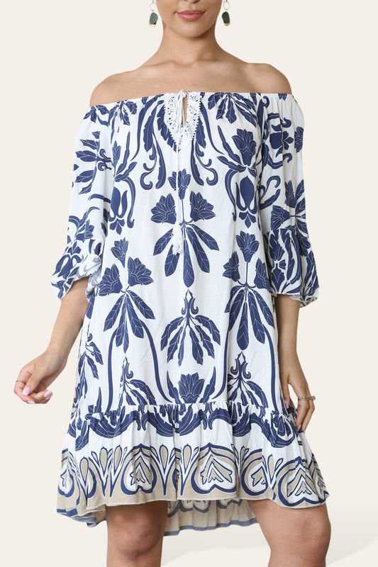 ART MIX PRINTED BARDOT DRESS NAVY