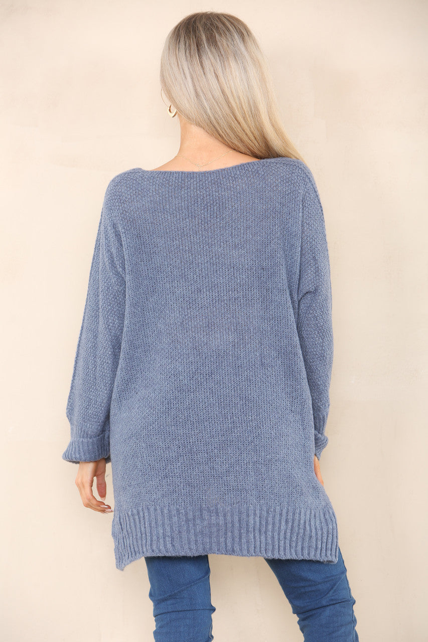 SOFT KNIT DROP SPLIT HEM JUMPER DENIM