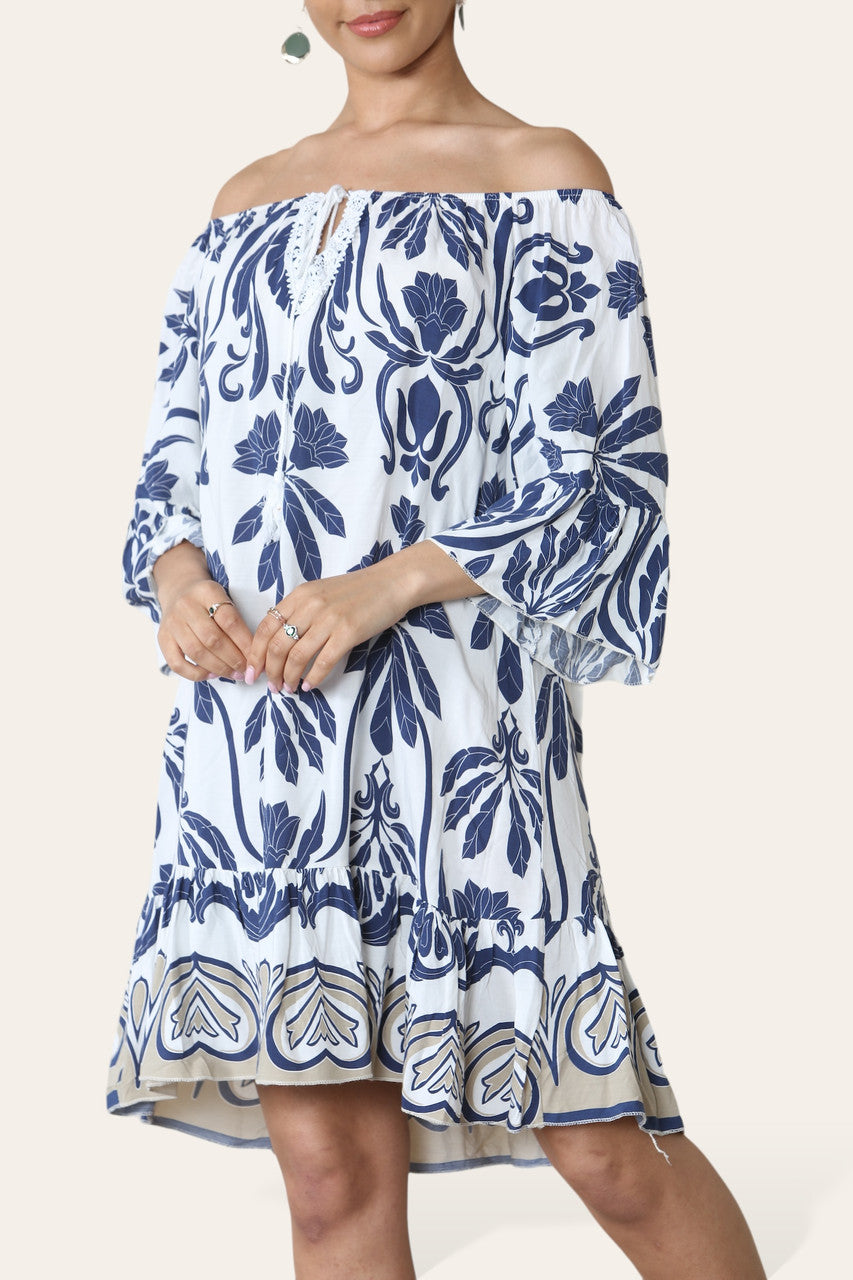 ART MIX PRINTED BARDOT DRESS NAVY
