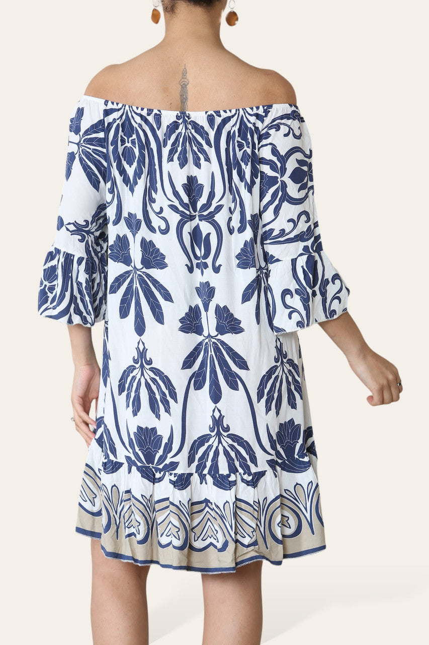 ART MIX PRINTED BARDOT DRESS NAVY