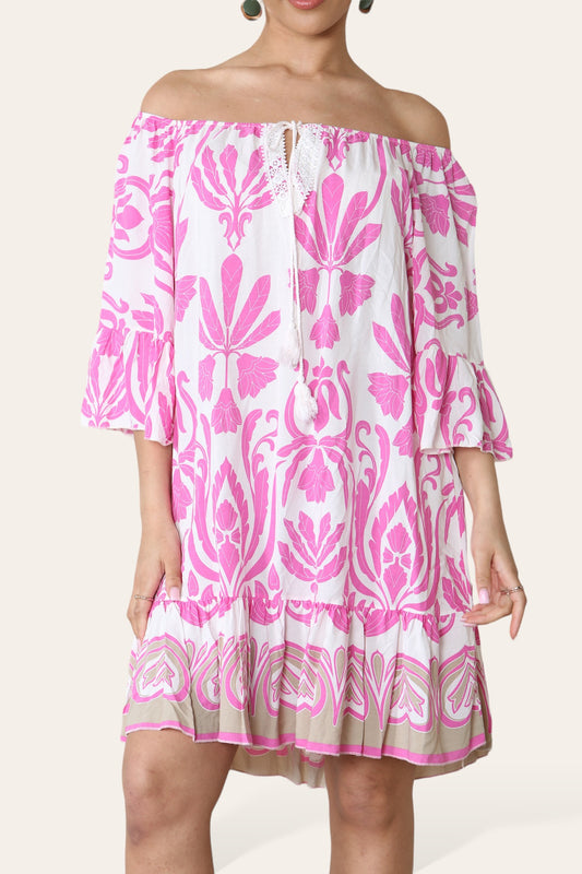 ART MIX PRINTED BARDOT DRESS CERISE