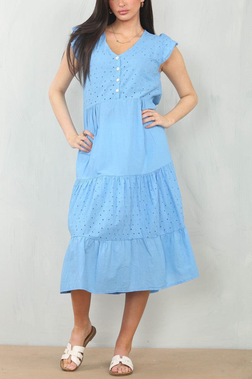 BRODERIE ANGLAISE JURK MET KORTE MOUWEN VAN KATOEN - BLAUW