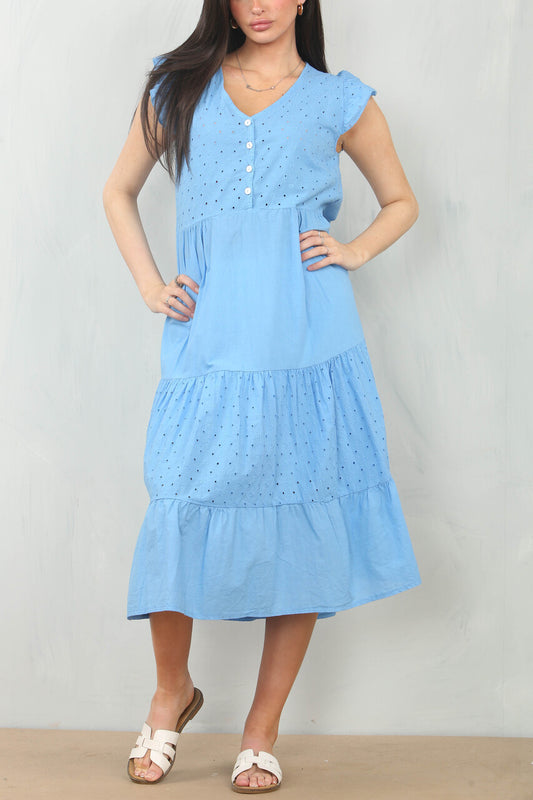 BRODERIE ANGLAISE CAP SLEEVE COTTON DRESS - BLUE