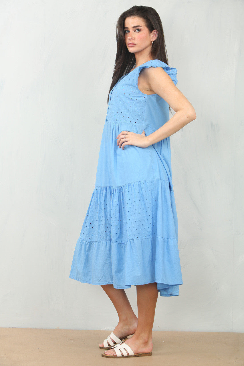 BRODERIE ANGLAISE JURK MET KORTE MOUWEN VAN KATOEN - BLAUW