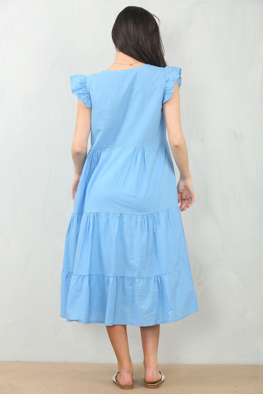 BRODERIE ANGLAISE JURK MET KORTE MOUWEN VAN KATOEN - BLAUW