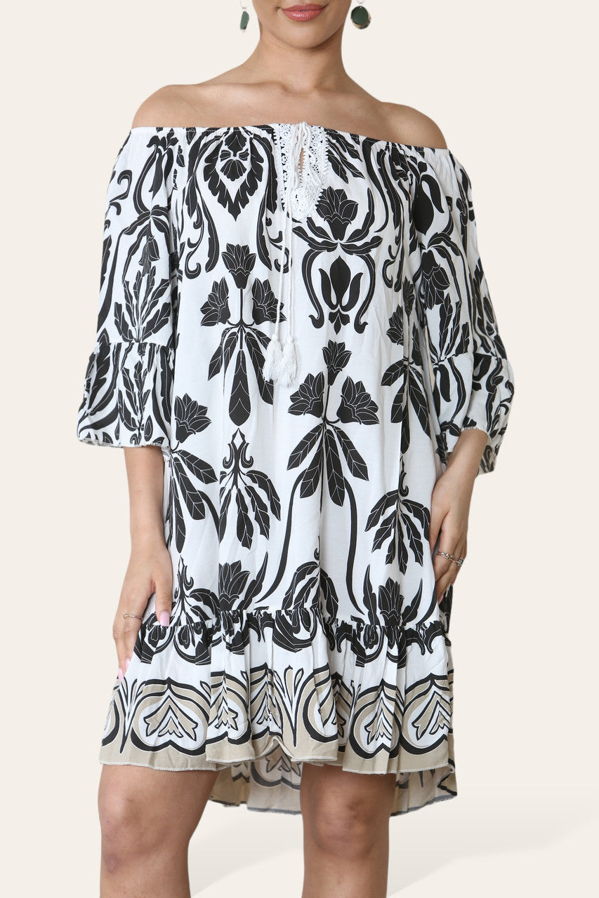ART MIX PRINTED BARDOT DRESS BLACK