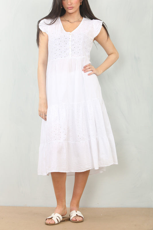 BRODERIE ANGLAISE CAP SLEEVE COTTON DRESS - WHITE