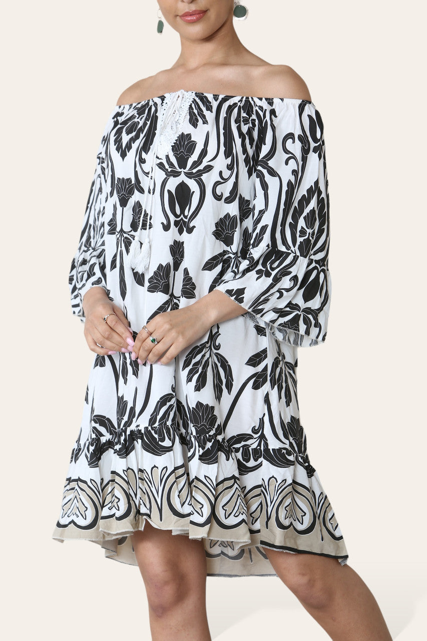 ART MIX PRINTED BARDOT DRESS BLACK