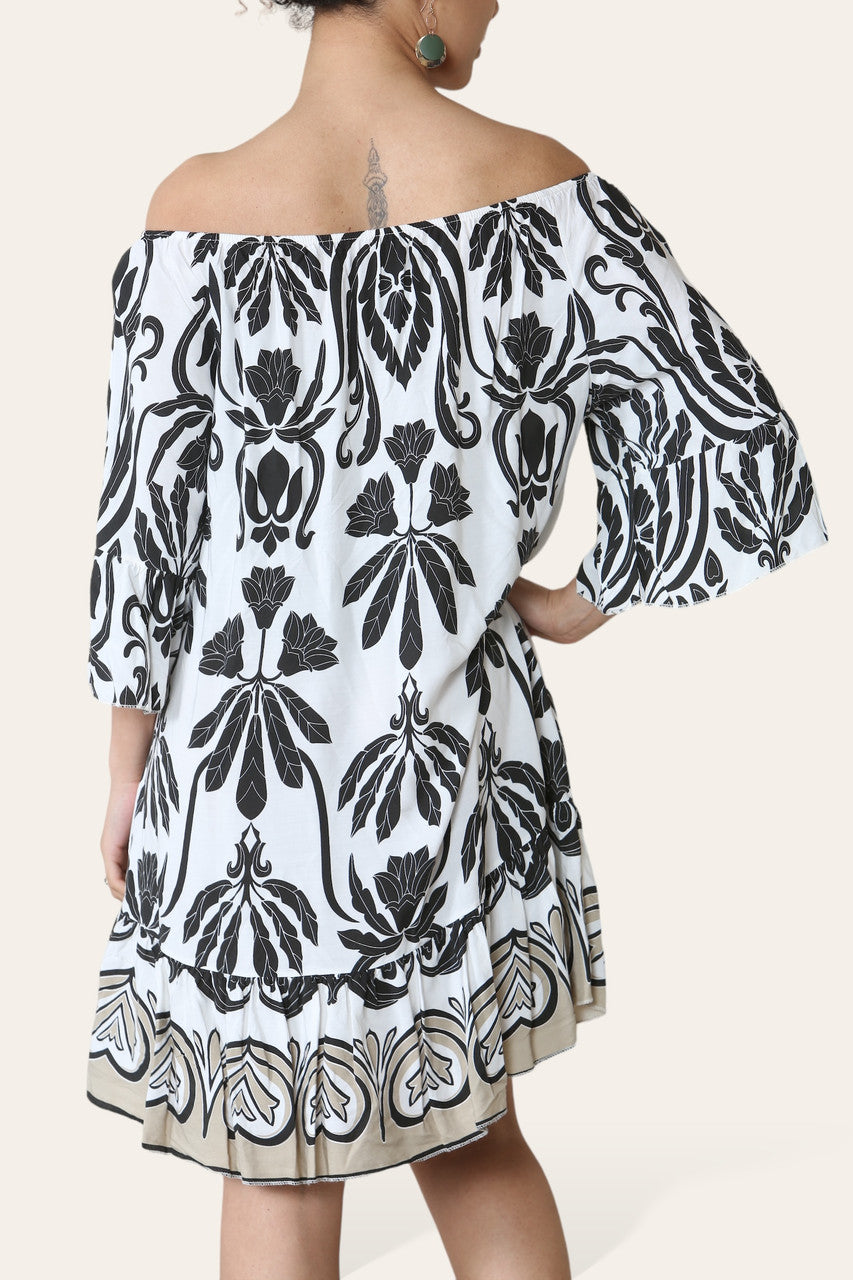 ART MIX PRINTED BARDOT DRESS BLACK